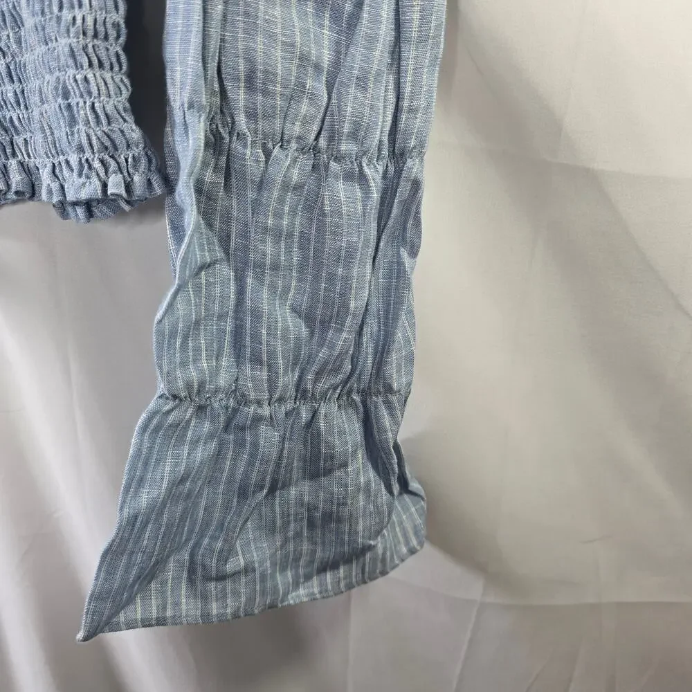 Reformation Maple Linen Blue Smocked Peasant Puff Sleeve Crop Blouse Size Large